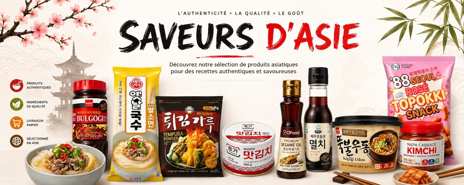 Découvrez des produits asiatiques authentiques : snacks, boissons, nouilles et sauces.