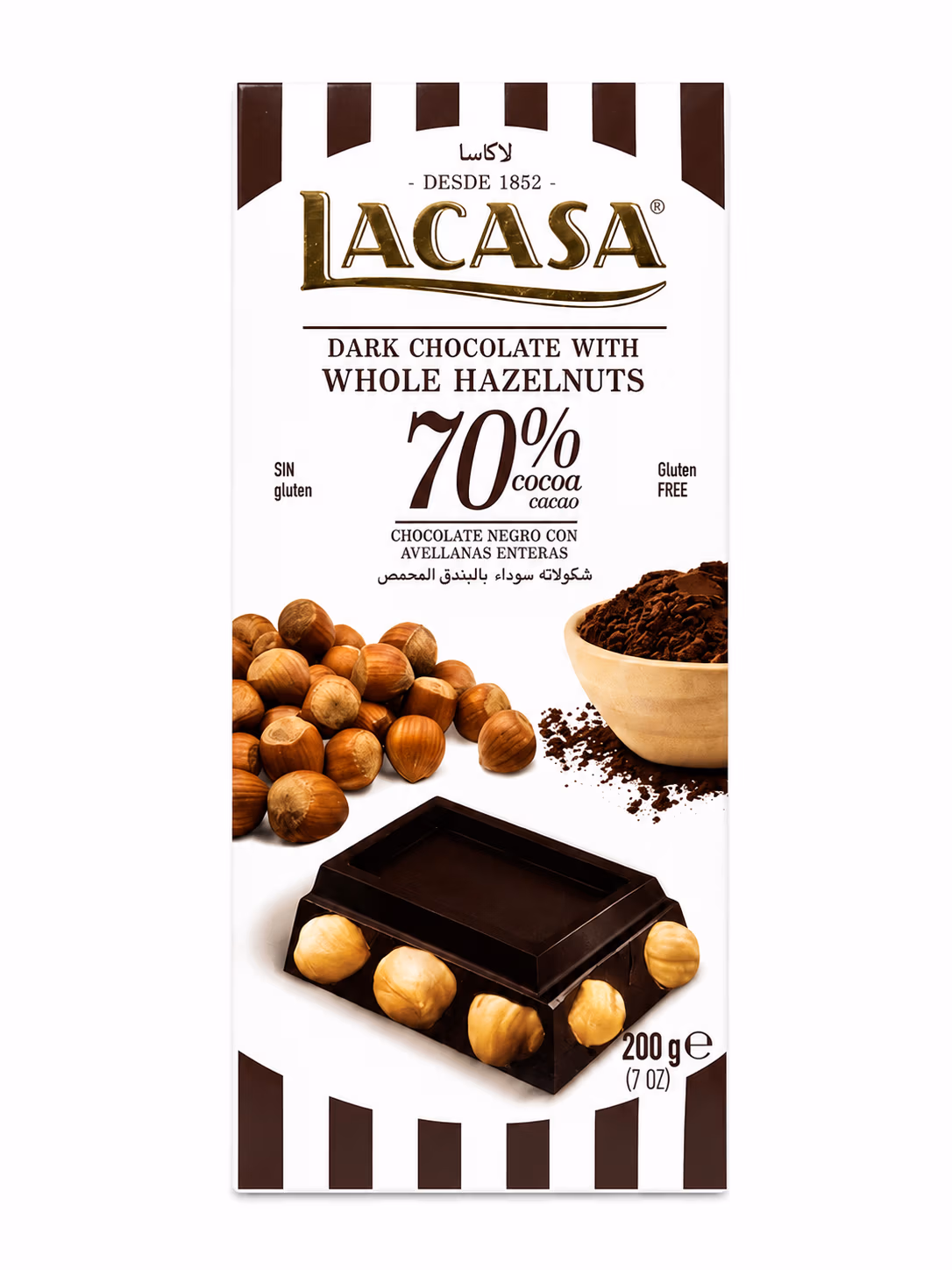 Lacasa Chocolat Noir 70% Cacao aux Noisettes Entières, Sans Gluten 200g