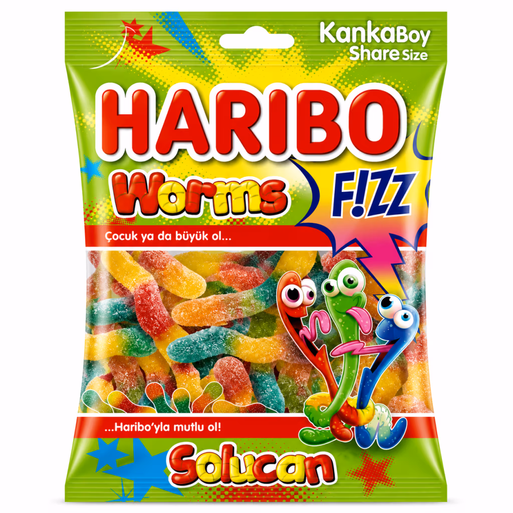 Haribo Worms F!ZZ – Bonbons Gélifiés Acidulés en Forme de Vers 80g