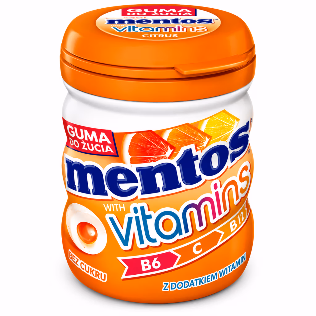 Mentos Vitamins Citrus 50g, Chewing-Gum Sans Sucre aux Agrumes avec Vitamines B6, B12 et C